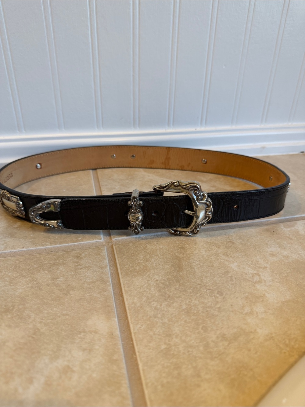 Brighton Black Leather Belt with Silver Decorative Buckle